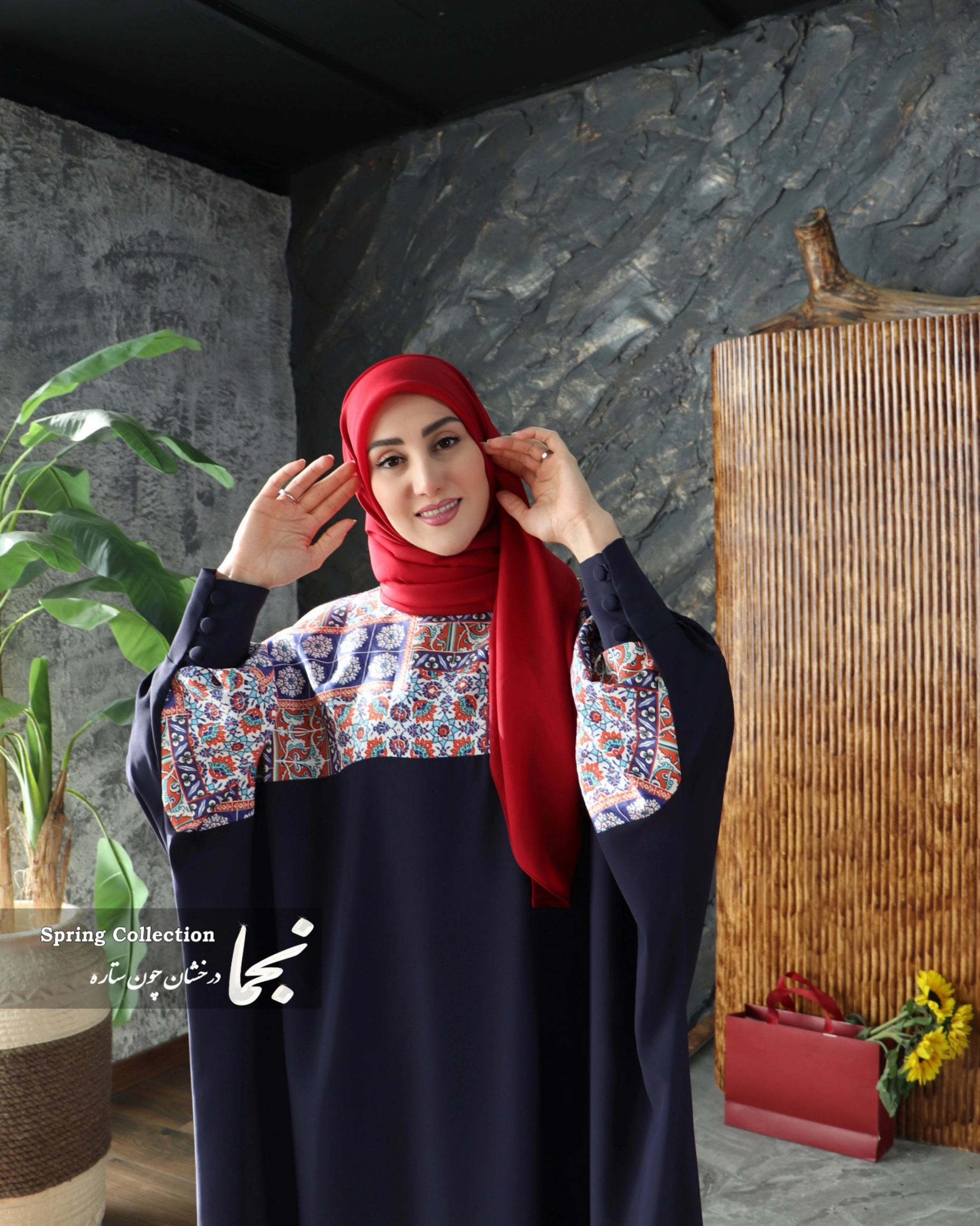 عبا مجلسی کرپ الیزه مدل تُرنج مزون نجما - زرشکی / سایز ۳ (۴۸-۵۴) / ۱۳۵