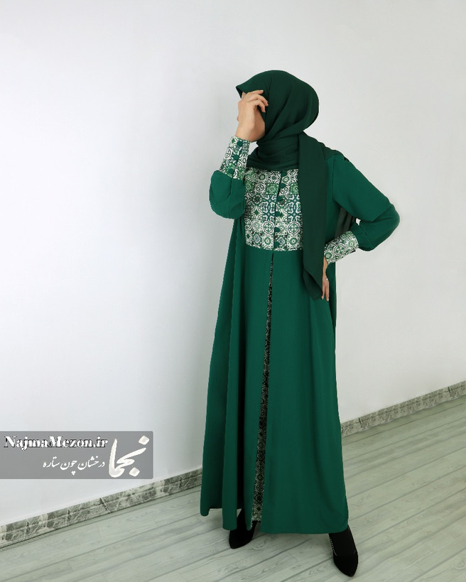 مانتو عبایی زنانه رز سبز | ویژه مادران | طرح کاشی ایرانی | دکمه دار | سایز M تا XL |