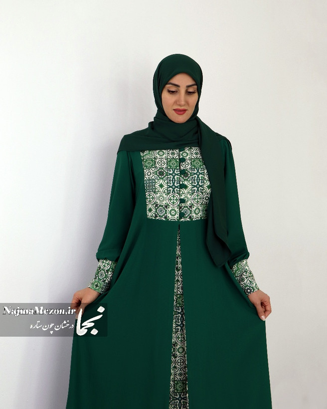 مانتو عبایی شیردهی رز سبز | طرح کاشی ایرانی اصیل | جلو دکمه دار و پوشش کامل | سایز M تا XL | مناسب مادران شیک پوش