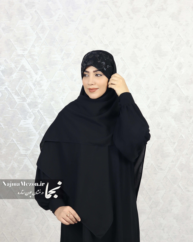 استایل هد شال مجلسی مشکی مدل شب گل با طرح گل برجسته - مزون نجما
