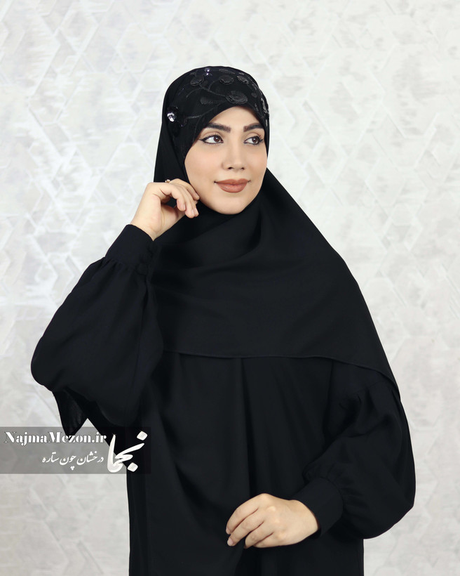 نمای پشت هد شال مجلسی مشکی مدل شب گل - مزون نجما