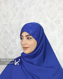 هد روسری آبی کاربنی مدل تابان نمای کنار و حجم پوشش - مزون نجما