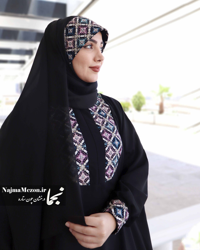 استایل هد شال مخمل سوزندوزی مشکی مدل یکتا همراه با عبای یکتا - مزون نجما