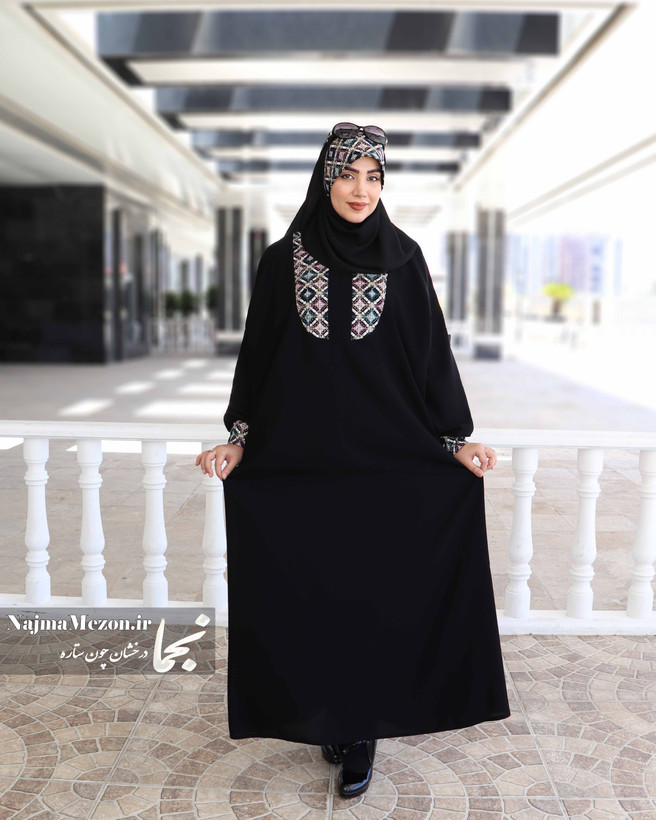 ست کامل عبای یکتا مشکی و هدشال مخمل سوزندوزی نمای روبرو - مزون نجما