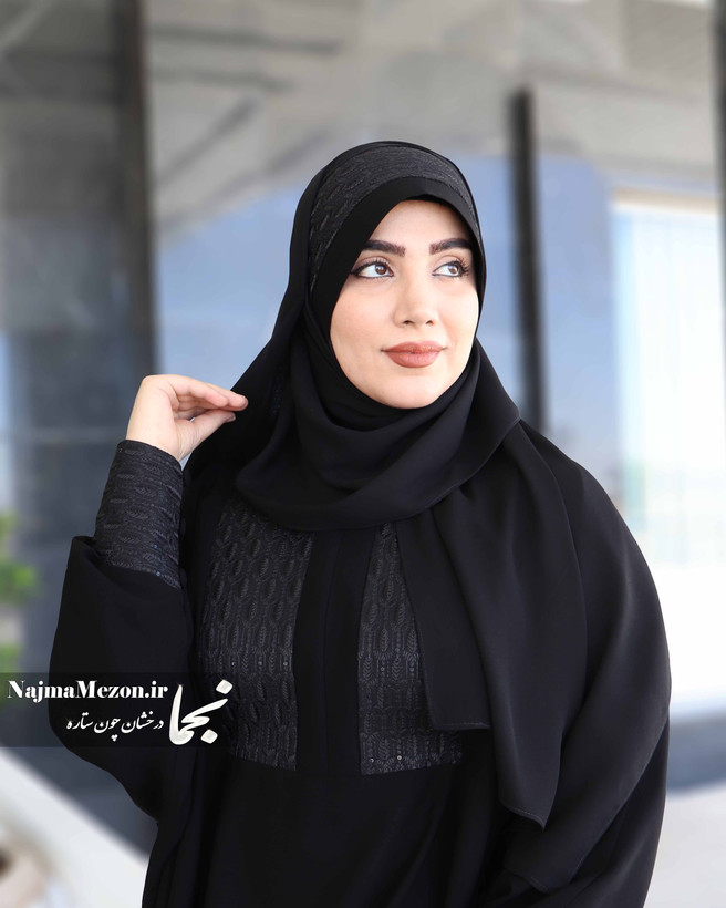 طراحی هد روسری و هد شال سوزندوزی هندی مدل ضحی تمام مشکی - مزون نجما
