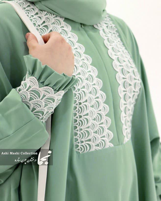 نمای خرجکار گیپور ابریشم سفید روی عبای رنگی بحرینی مدل سلما - مزون نجما
