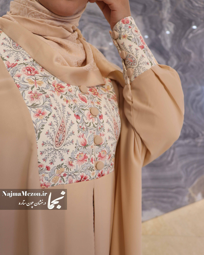 جزئیات مچ دکمهدار و قابلیت شیردهی در عبای مجلسی زنانه رز کرم - مزون نجما