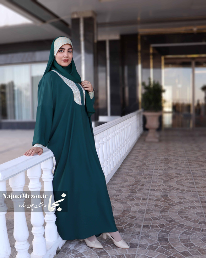 استایل روزمره با عبا زنانه سبز مدل یکتا و خرجکار ژاکارد - مزون نجما