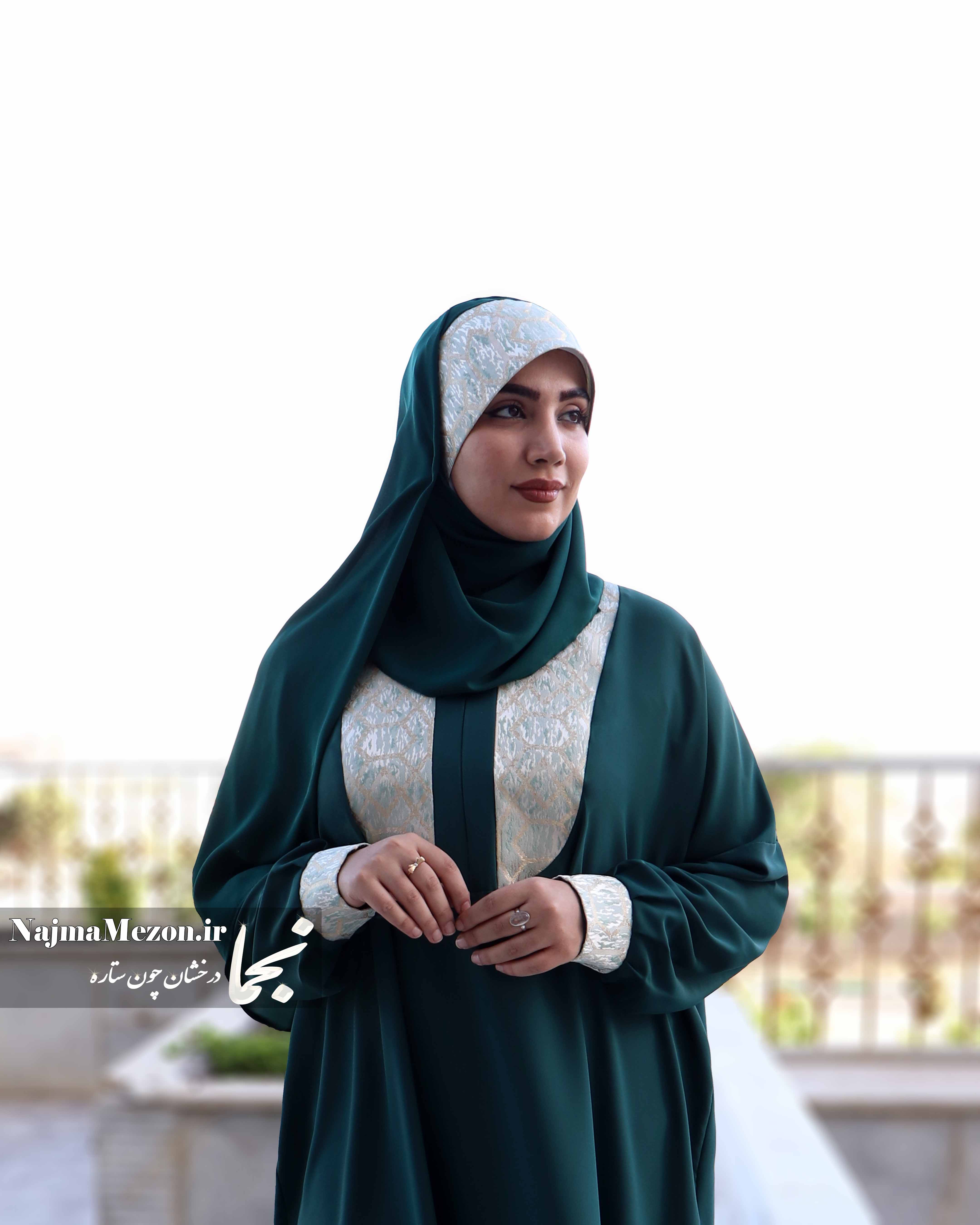 عبا زنانه سبز جمع و جور مدل یکتا با بافت ژاکارد زربفت - مزون نجما