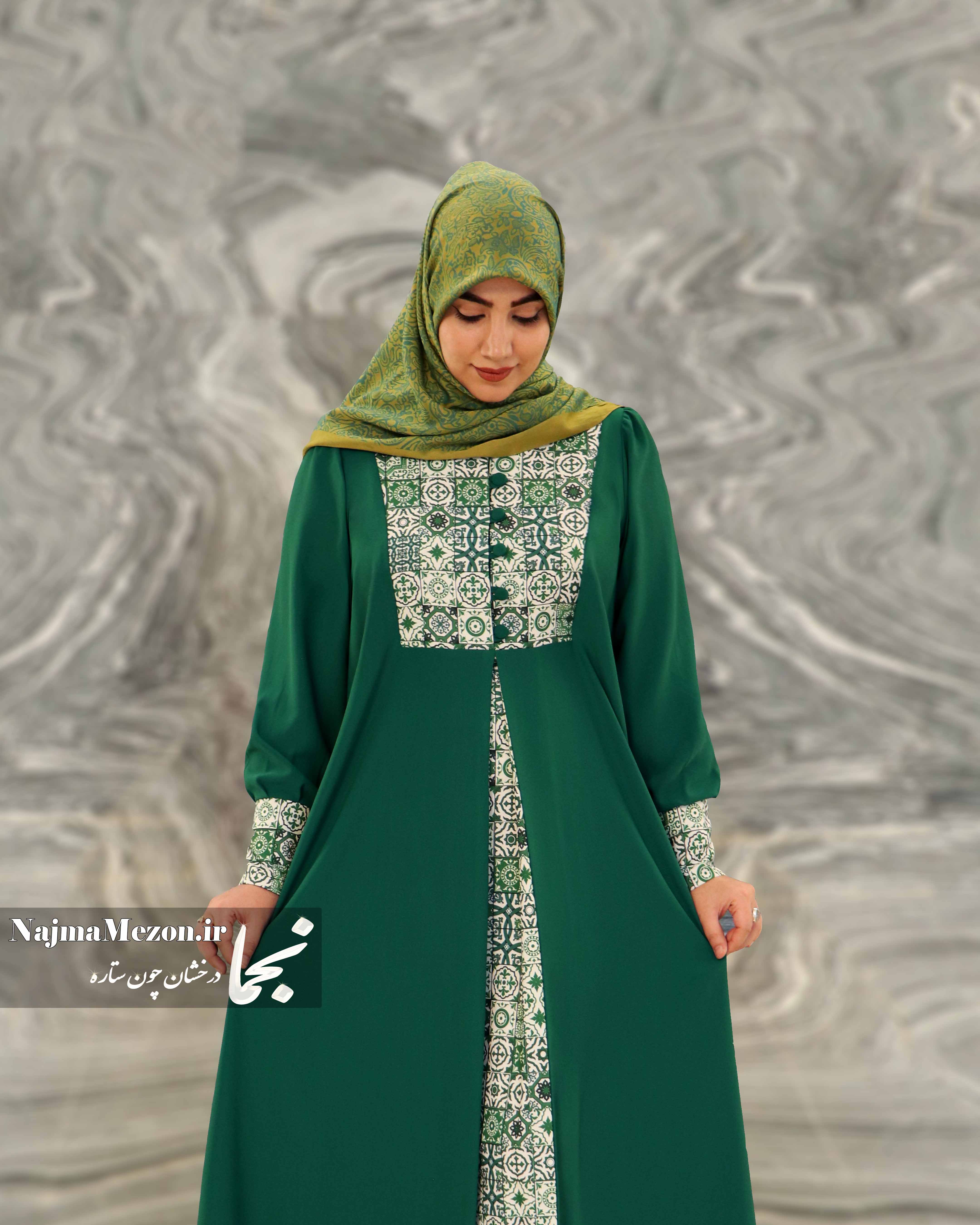 مانتو عبایی شیردهی رز سبز | طرح کاشی ایرانی اصیل | جلو دکمه دار و پوشش کامل | سایز M تا XL | مناسب مادران شیک پوش