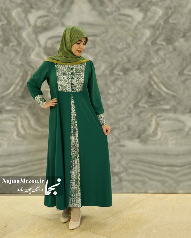 مانتو عبایی زنانه رز سبز | ویژه مادران | طرح کاشی ایرانی | دکمه دار | سایز M تا XL |