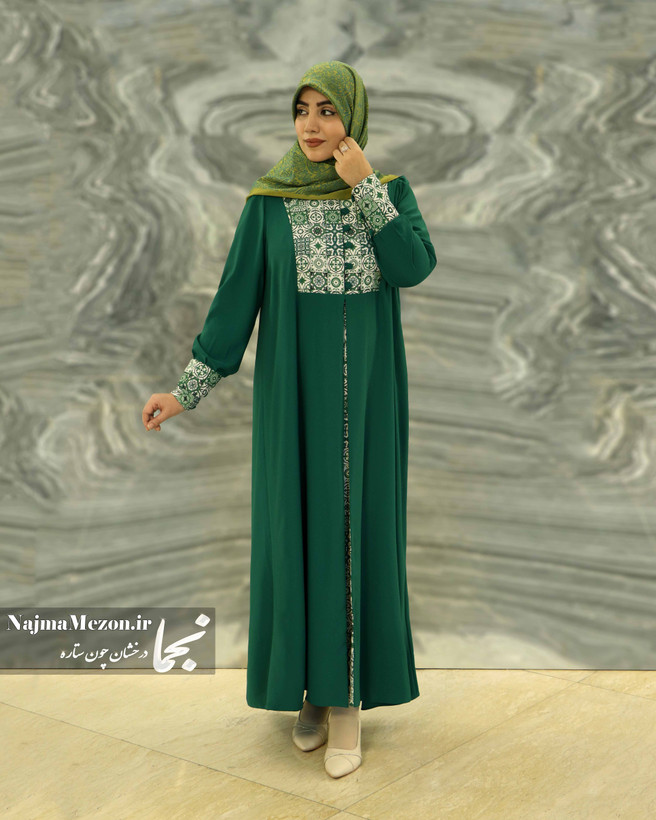 مانتو عبایی مجلسی مدل رز سبز نجما | جزییات نمای نزدیک