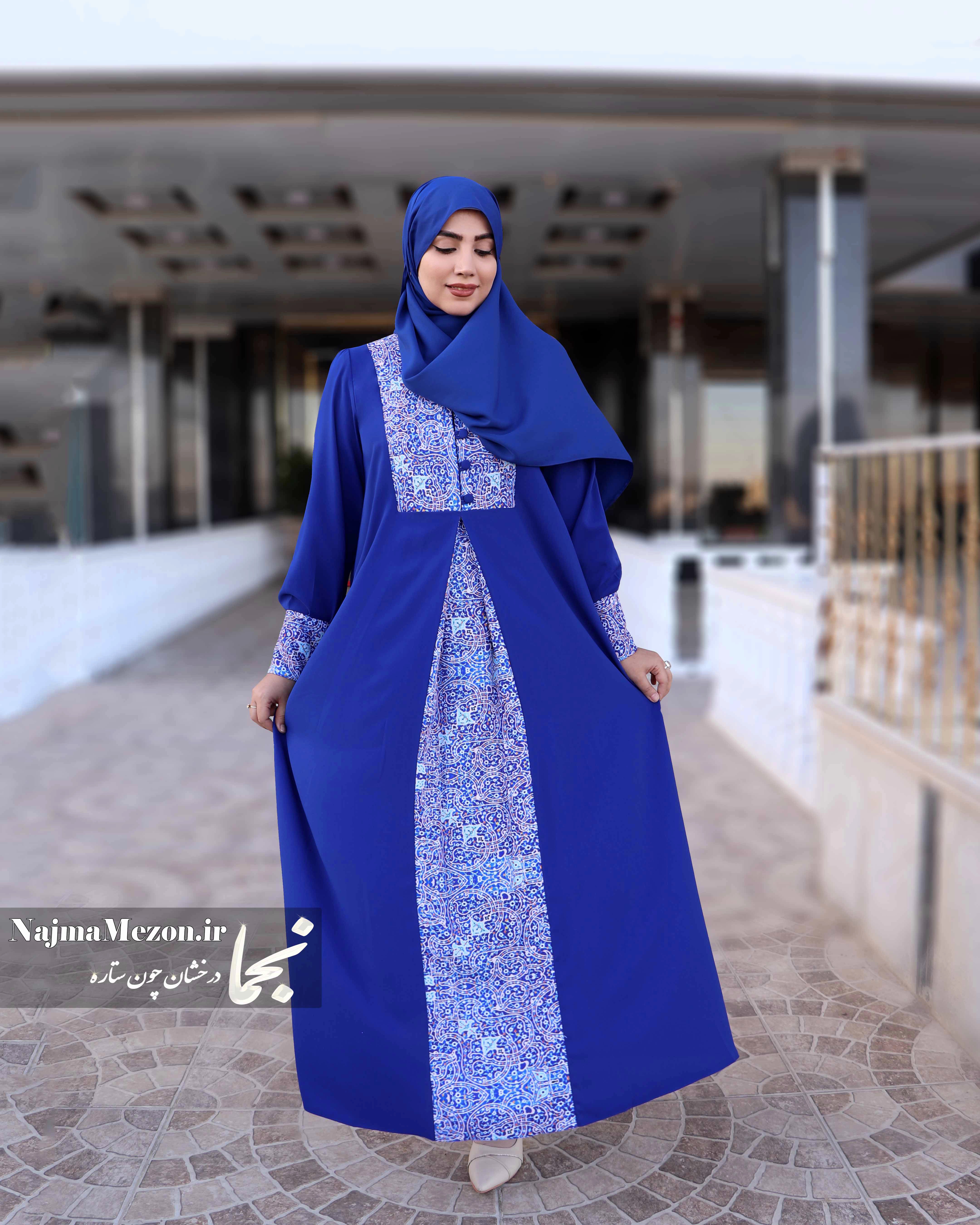 خرید ست مانتو عبایی و شال آبی طرح کاشی مدل رز - استایل کامل - مزون نجما
