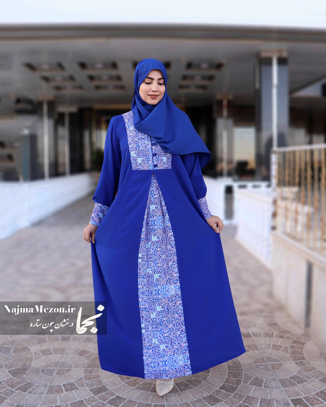 خرید ست مانتو عبایی و شال آبی طرح کاشی مدل رز - استایل کامل - مزون نجما